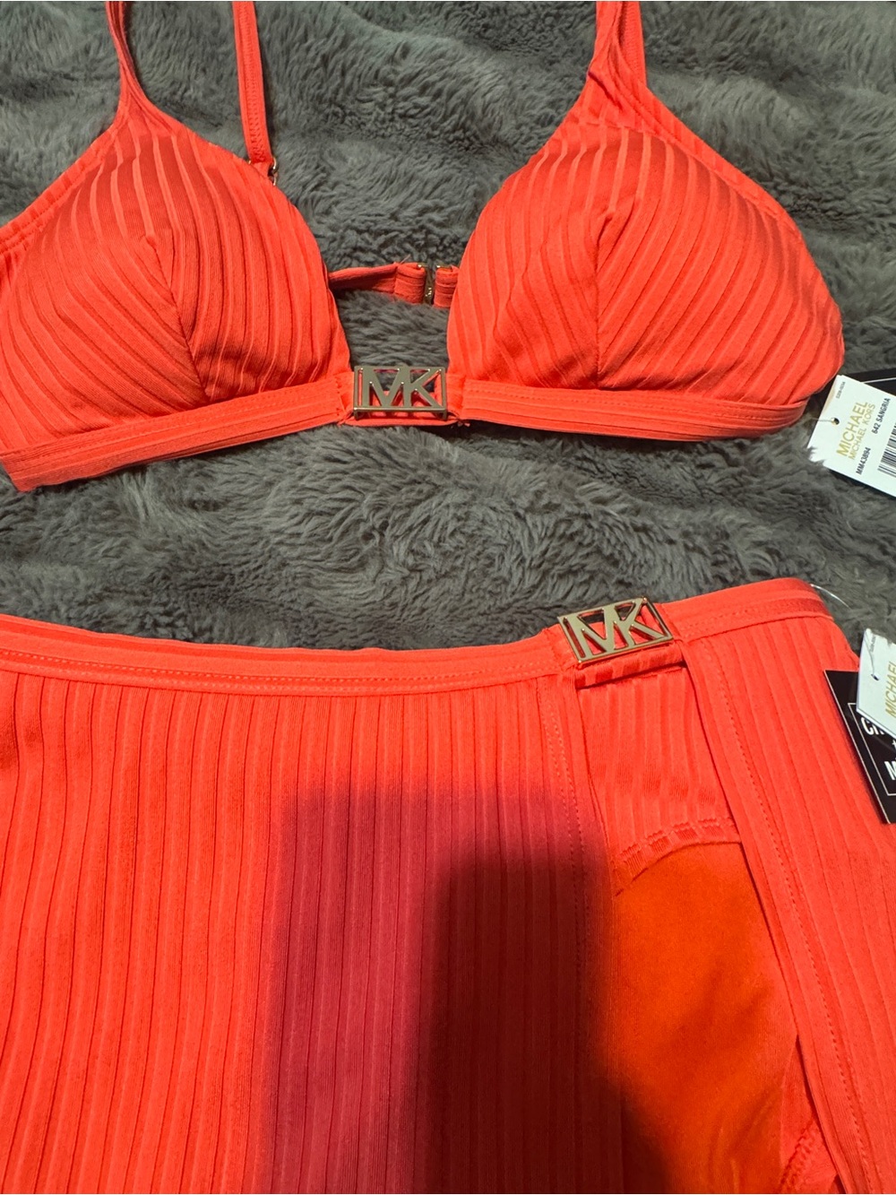 Michael Kors Coral Ribbed Two-Piece Bikini with Gold MK Hardware